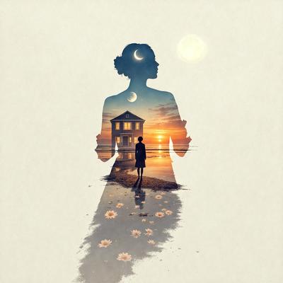 The primary subject of the image is a woman walking on a beach at sunset. The setting is a beach with a house in the background. The visual style is a combination of digital art and illustration, creating a surreal and dreamy atmosphere. The dominant colors are warm and soft, such as pink, orange, and yellow, which are typical of a sunset.